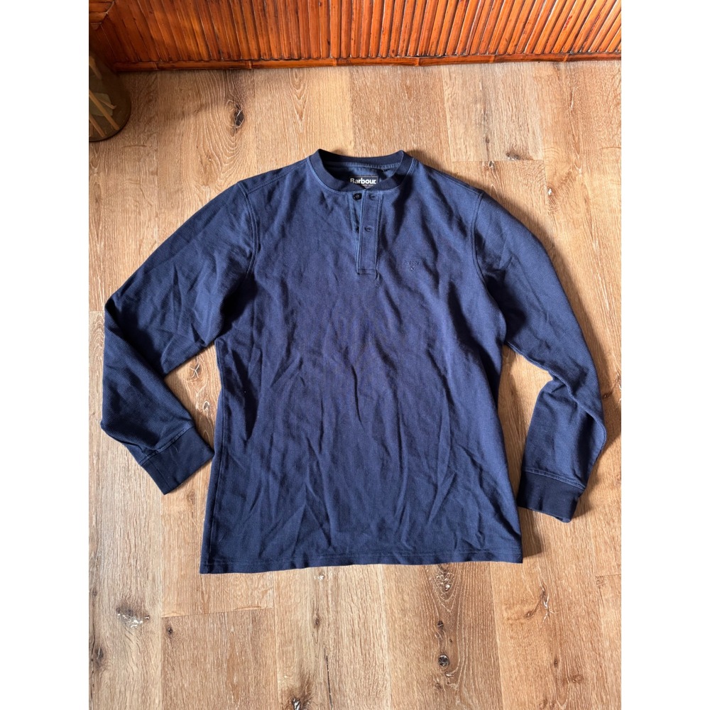 Barbour Mens Navy Blue Waffle Knit Henley Shirt Long Sleeve Size M